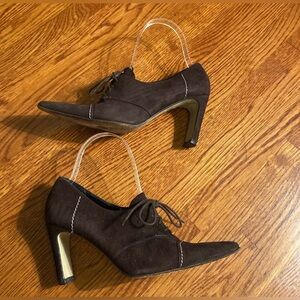 Phyllis Poland Brown Suede Lace up Heeled Booties Made in Italy size 7